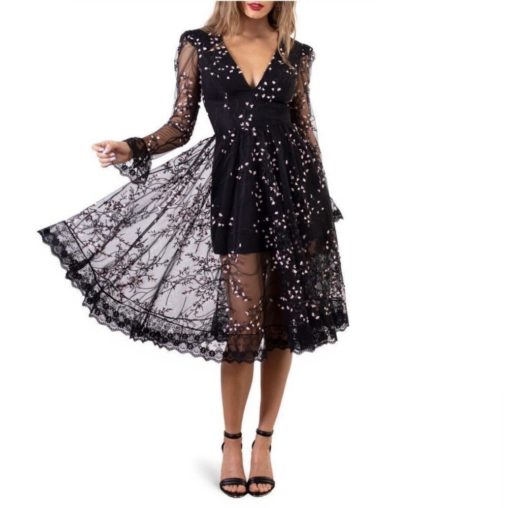 HELSI Ella Embroidered Long Sleeve Deep V-Neck Midi Dress, Black, XL, 12/14, NWT